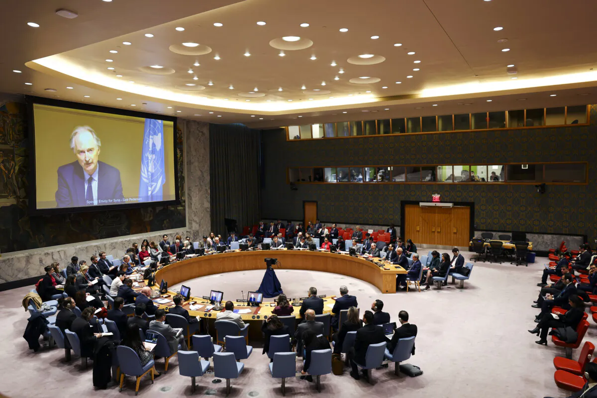 Members of the United Nations Security Council listen as Geir Pedersen, Special Envoy of the Secretary-General for Syria, speaks via video conference during a meeting on the situation in the Middle East at the United Nations headquarters in New York City on Dec. 17, 2024. (Michael M. Santiago/Getty Images)