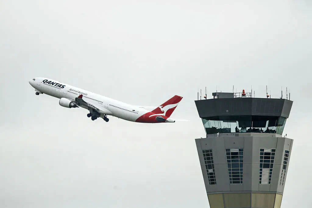 A Qantas flight takes off at Tullamarine Airport on July 7, 2020 in Melbourne, Australia. (Daniel Pockett/Getty Images)
