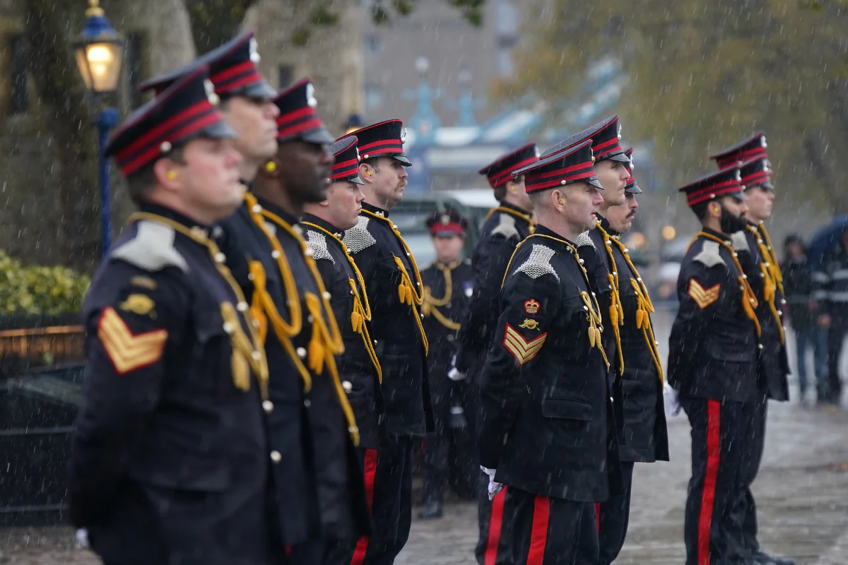 The Honourable Artillery Company, the City of London's Reserve Army Regiment, prepares to fire a 62-gun salute at the Tower of London to mark the 75th birthday of King Charles III in London, on Nov. 14, 2023. (Yui Mok/PA Wire)