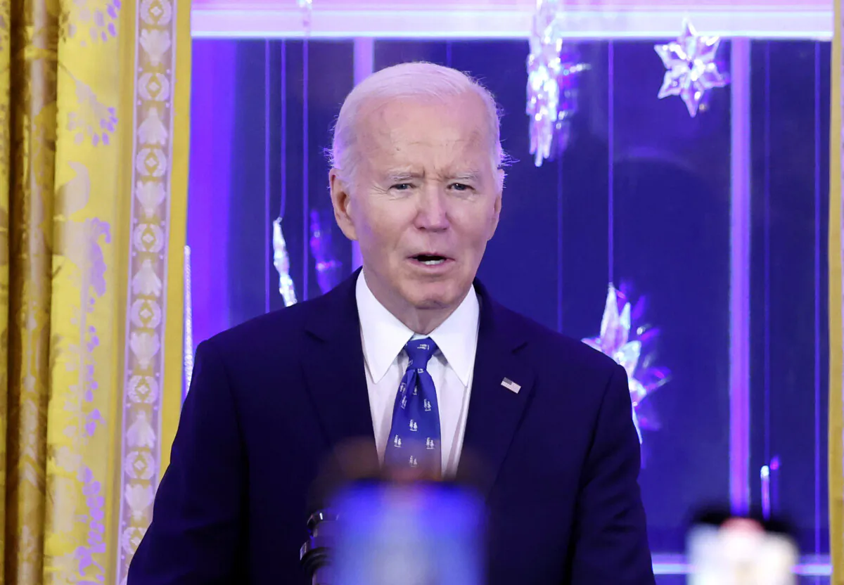 President Joe Biden speaks during a Hanukkah holiday reception in the East Room of the White House on Dec. 16, 2024. (Anna Moneymaker/Getty Images)