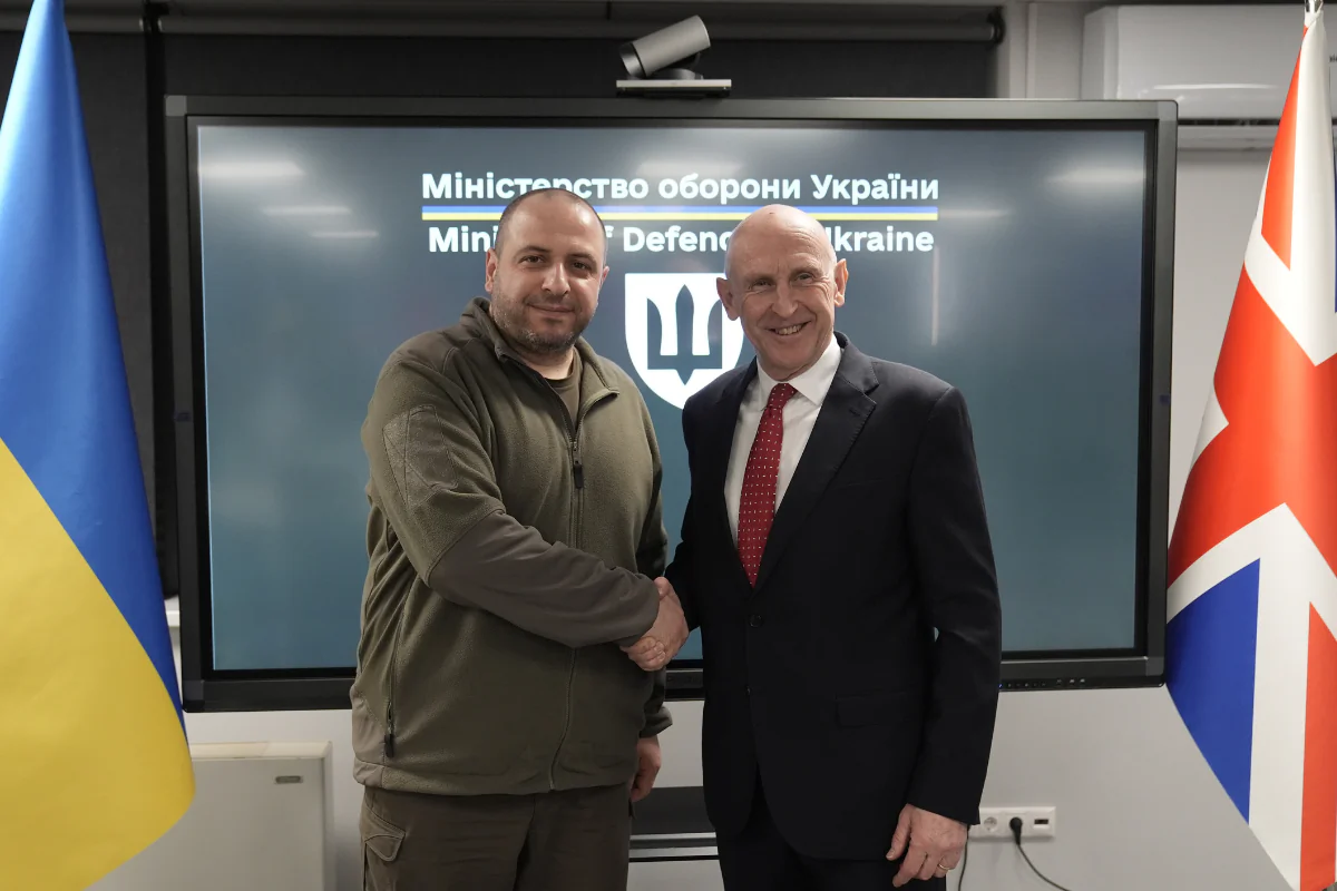 Defence Secretary John Healey is greeted by Ukrainian Defence Secretary Rustem Umerov at the Ministry of Defence during a visit to Kyiv, Ukraine, on Dec. 18, 2024. (Stefan Rousseau/PA Wire)
