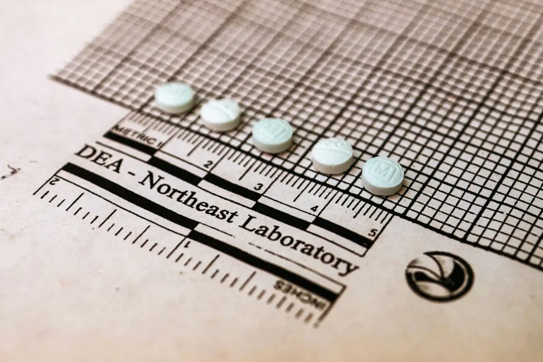 Tablets suspected to be fentanyl are placed on a graph to measure their size at the Drug Enforcement Administration Northeast Regional Laboratory in New York on Oct. 8, 2019. (Don Emmert/AFP via Getty Images)