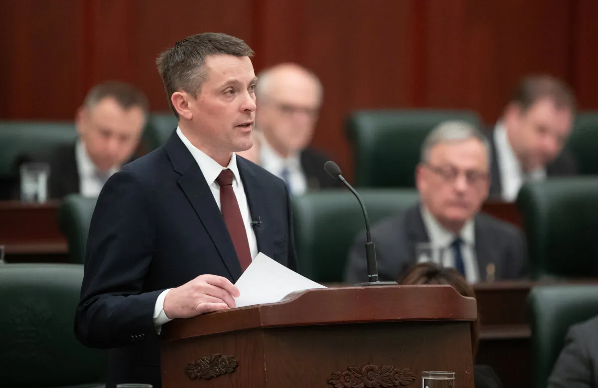 Alberta Finance Minister Nate Horner delivers the 2024 budget in Edmonton, on Feb. 29, 2024. (The Canadian Press/Jason Franson)