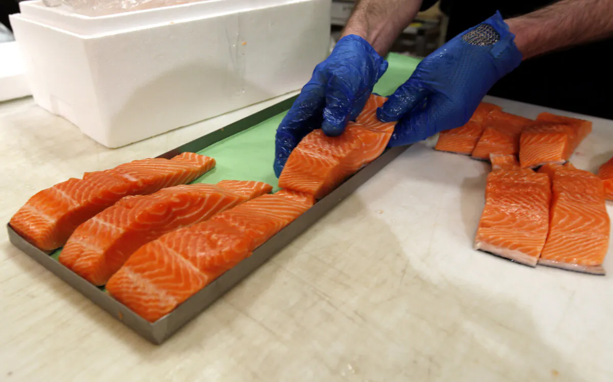 Canadian certified organic farm-raised King Salmon filets are placed on a tray in a store in Fairfax, Va., on April 10, 2015. (Alex Brandon/AP Photo)
