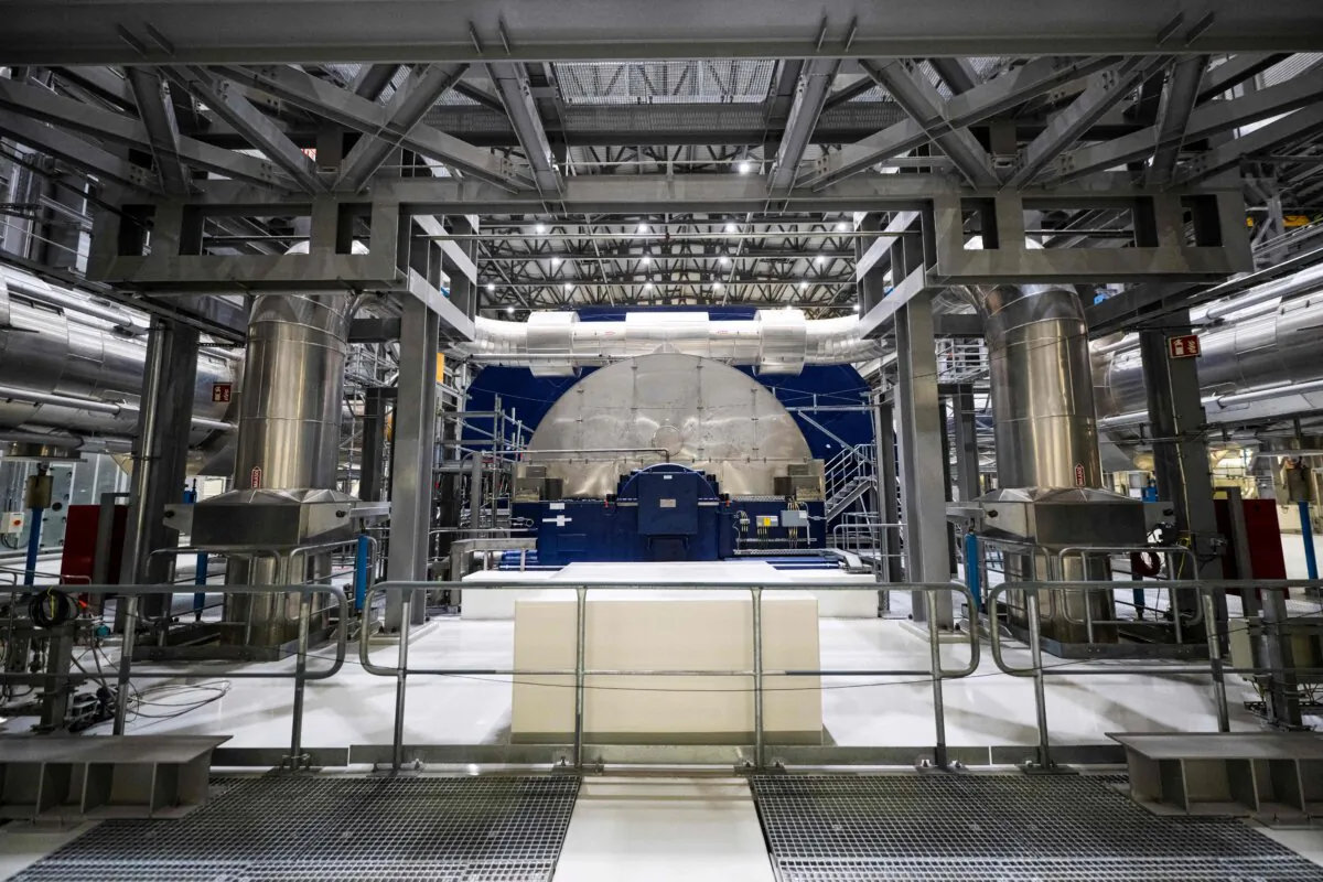 The turbine room linked to a reactor at the nuclear power plant Olkiluoto in Eurajoki, western Finland, on May 2, 2023. (Jonathan Nackstrand/AFP via Getty Images)