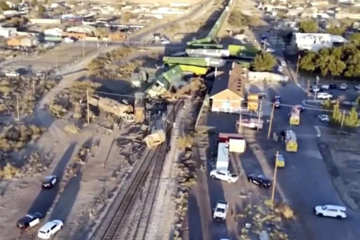 Damage to a train at the site where a freight train collided with a tractor-trailer and derailed in Reeves County, Texas on Dec. 18, 2024. (Daniel Alvarado/Reeves County, Texas via AP)