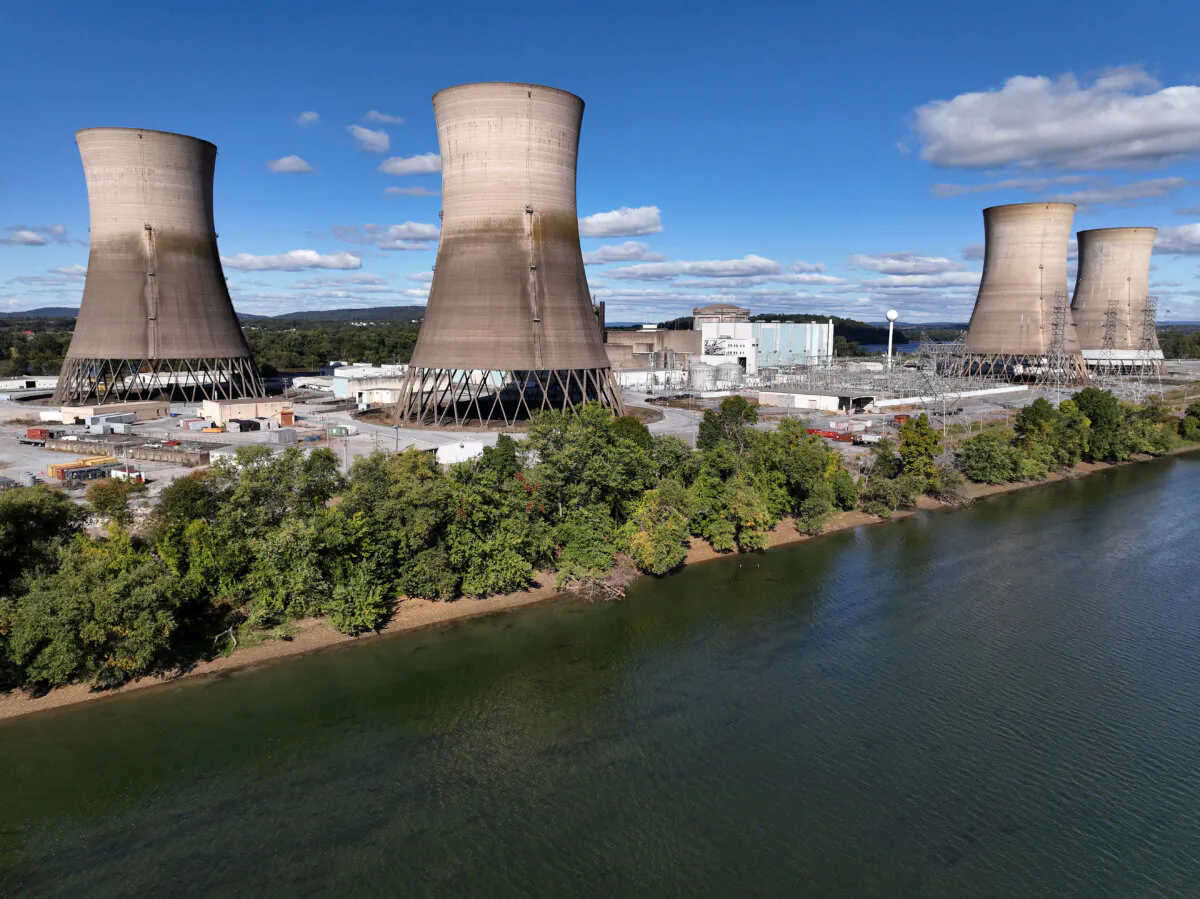 In this aerial view, the shuttered Three Mile Island nuclear power plant stands in the middle of the Susquehanna River near Middletown, Pennsylvania on Oct. 10, 2024. (Chip Somodevilla/Getty Images)
