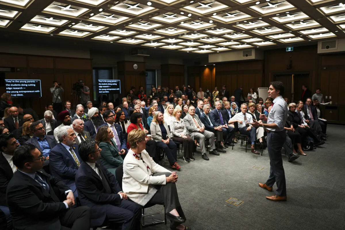 Prime Minister Justin Trudeau addresses caucus during a meeting on Parliament Hill in Ottawa on April 17, 2024. (The Canadian Press/Sean Kilpatrick)
