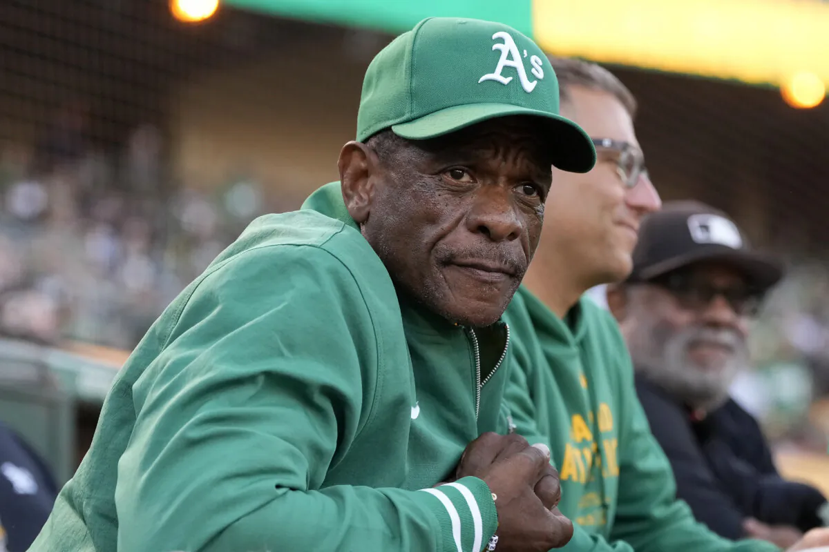 Former Oakland Athletics player Rickey Henderson looks on before a baseball game between the Athletics and the Texas Rangers in Oakland, Calif., on Sept. 25, 2024. (Jeff Chiu/AP Photo)