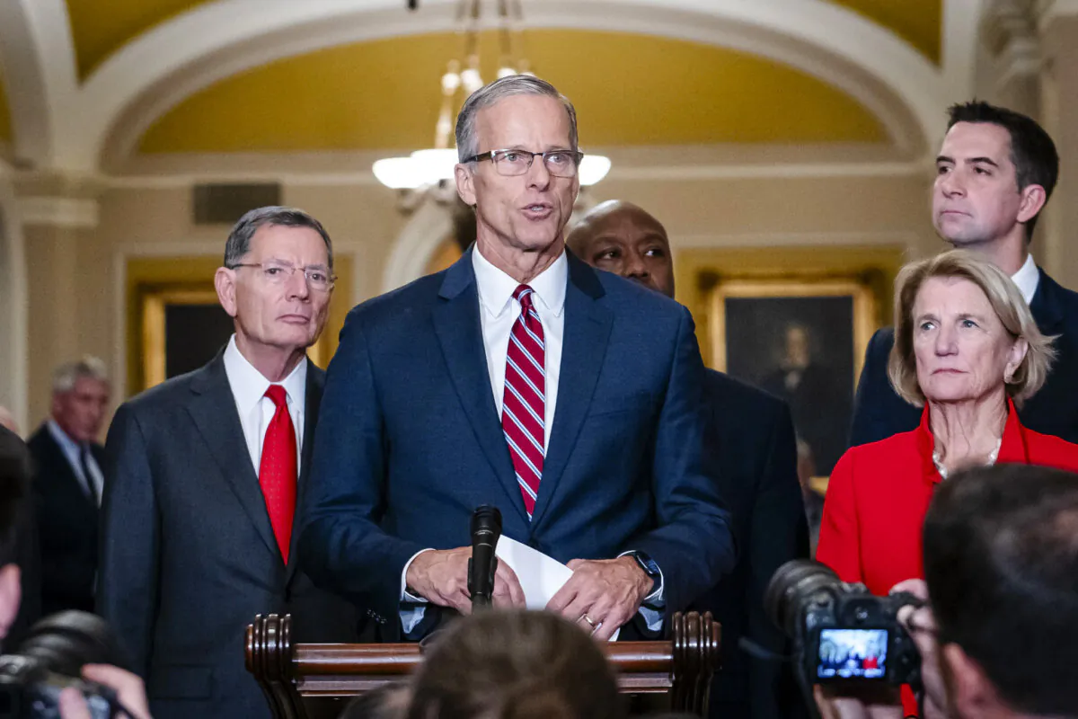 Incoming Senate Majority Leader Sen. John Thune (R-S.D.) after the Senate Republican leadership election in Washington on Nov. 13, 2024. (Madalina Vasiliu/The Epoch Times)