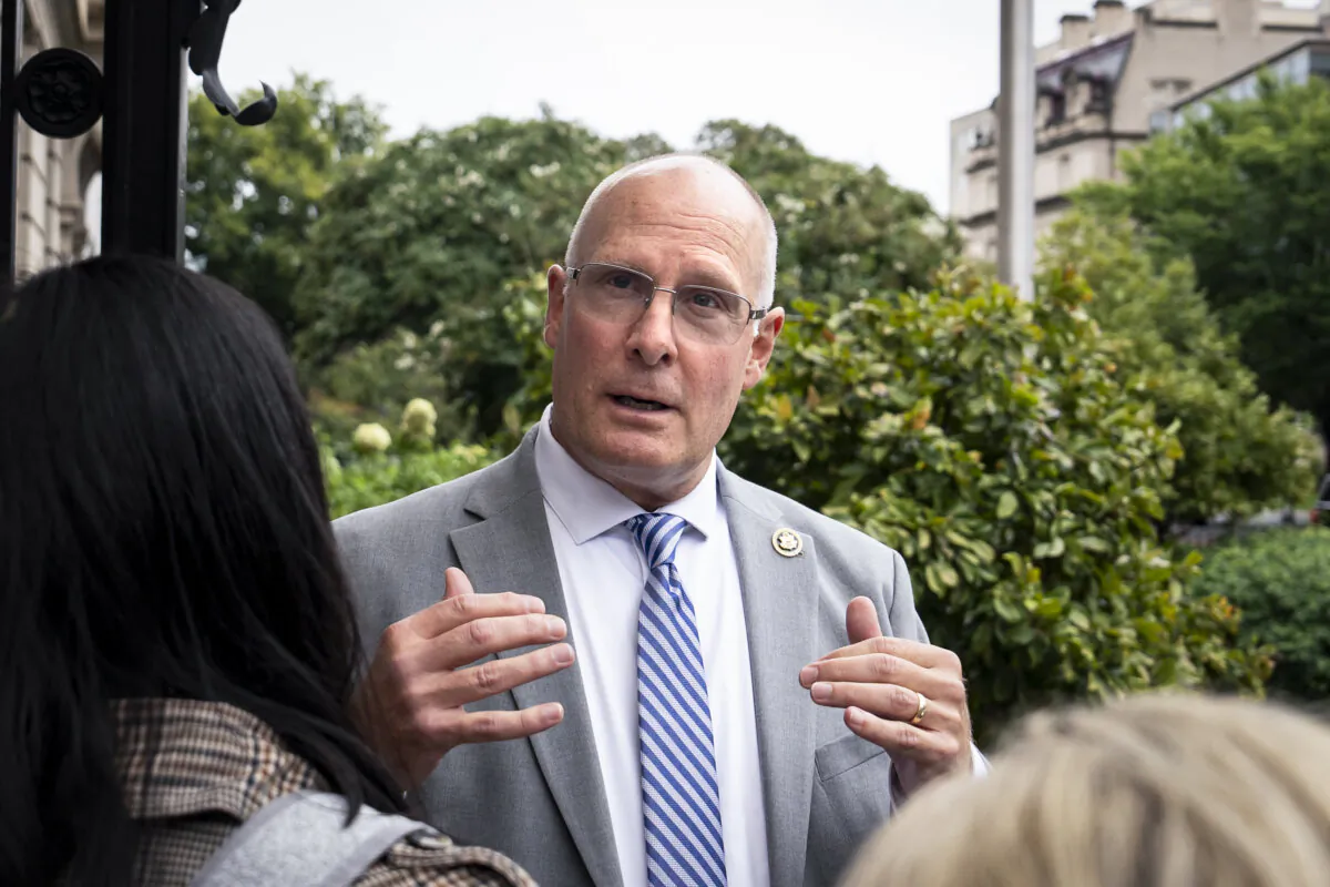 Chairman of House Select Committee on the strategic competition between the U.S. and the Chinese Communist Party Rep. John Moolenaar (R-Mich.) speaks with reporters at the American Enterprise Institute (AEI) in Washington on Sept. 25, 2024. (Madalina Vasiliu/The Epoch Times)