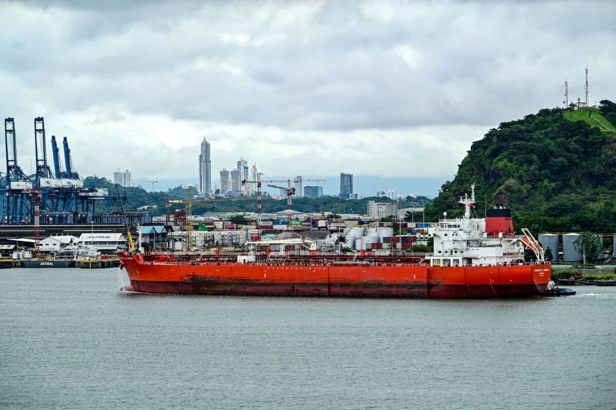 A tanker ship enters the Panama Canal from the Pacific Ocean side on Oct. 25, 2024. (Martin Bernetti/AFP via Getty Images)