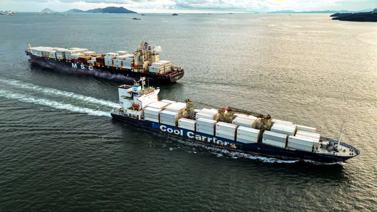 Two cargo ships pass each other during their entry and exit to the Panama Canal at the Pacific Ocean near Panama City on Oct. 6, 2024. (Martin Bernetti/AFP via Getty Images)