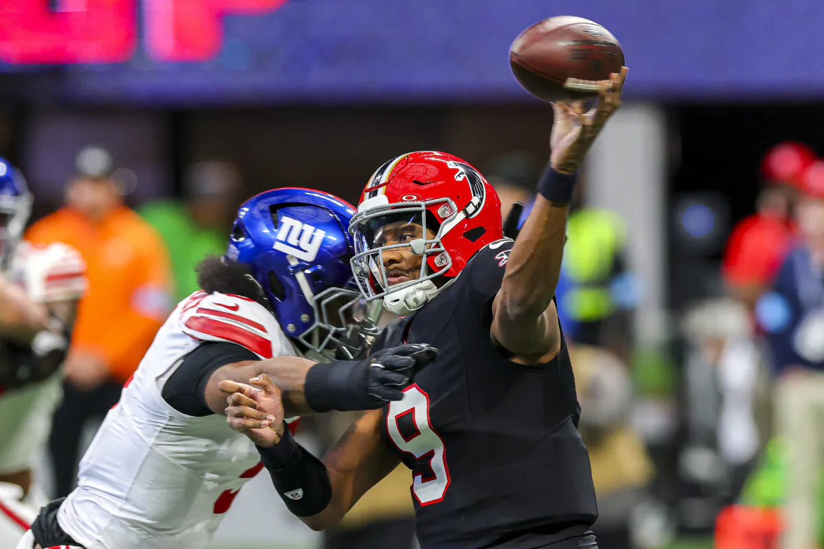 Michael Penix Jr. #9 of the Atlanta Falcons passes the ball against the New York Giants during the first quarter at Mercedes-Benz Stadium in Atlanta, Ga., on Dec. 22, 2024. (Kevin C. Cox/Getty Images)