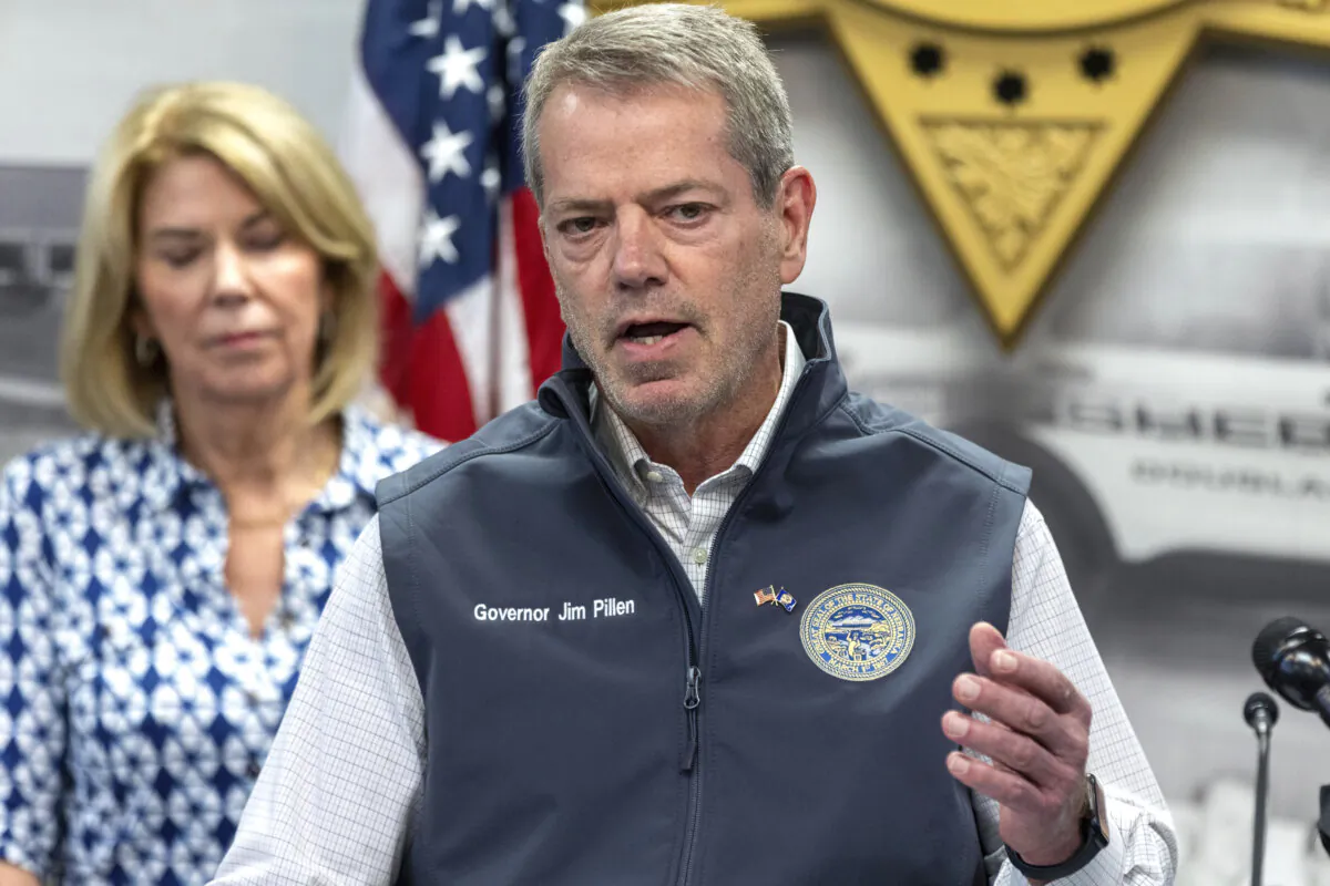 Nebraska Gov. Jim Pillen speaks during a news conference at the Douglas County Sheriff's Office in Omaha, Neb., on April 27, 2024. (Chris Machian/Omaha World-Herald via AP)