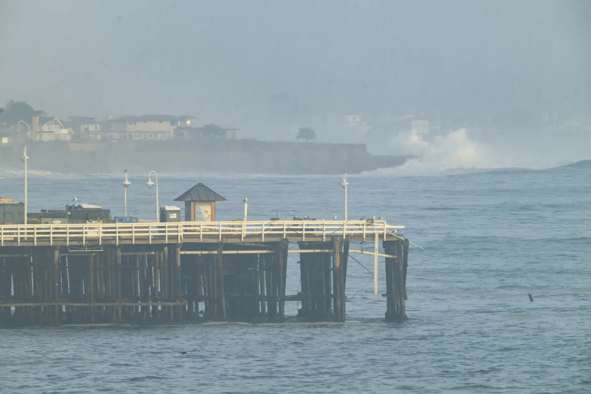 Damage on the end of Santa Cruz Wharf during high surf in Santa Cruz, Calif., on Dec. 23, 2024. (Nic Coury/AP Photo)