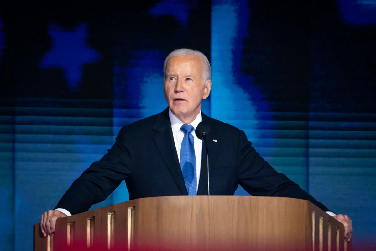 President Joe Biden speaks during the first day of the Democratic National Convention in Chicago on Aug. 19, 2024. (Madalina Vasiliu/The Epoch Times) 
