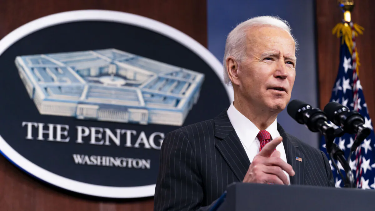 President Joe Biden speaks at the Pentagon in Washington on Feb. 10, 2021. (Alex Brandon/AP Photo/ Pool)