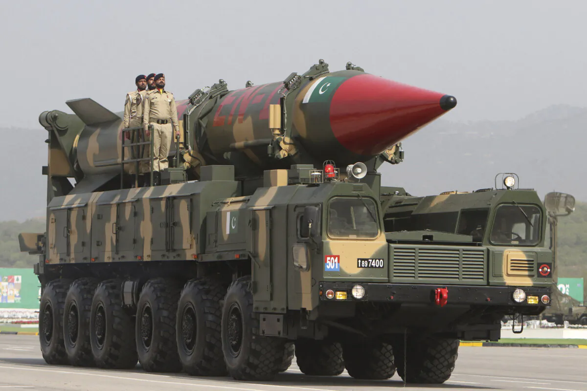 A military vehicle carries the long-range ballistic missile Shaheen during the Pakistan Day parade in Islamabad on March 23, 2022. (Ghulam Rasool/AFP via Getty Images)
