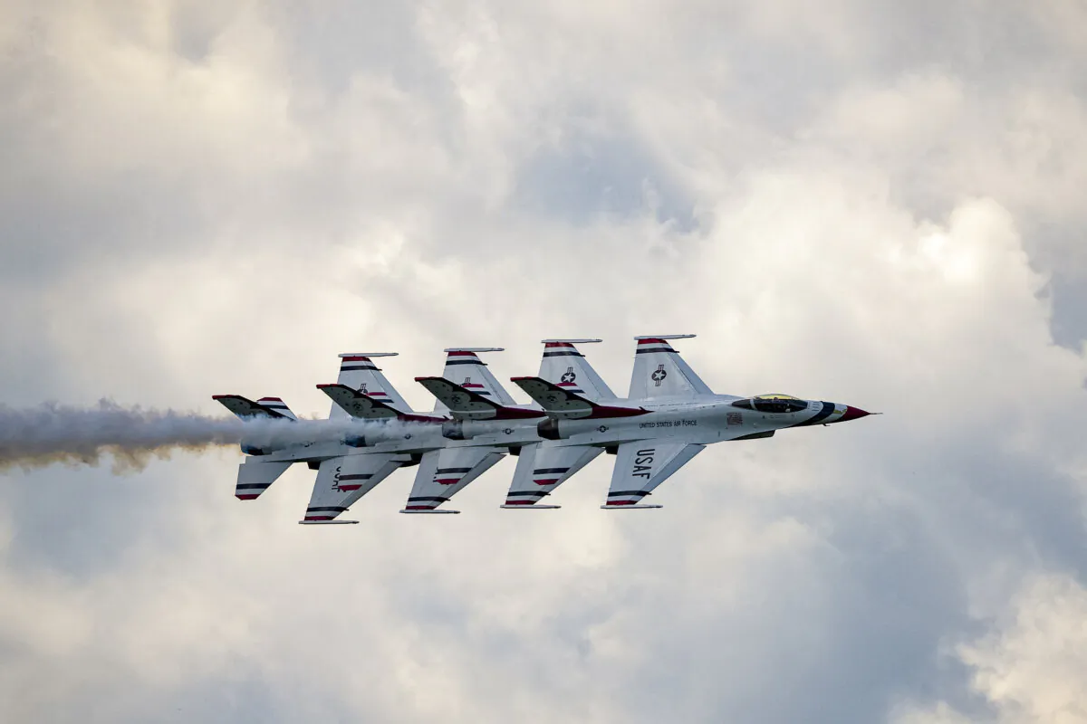 The U.S. Air Force Thunderbirds perform at the 2024 New York International Air Show at the Orange County Airport in Montgomery, N.Y., on Aug. 11, 2024. (Larry Dye/The Epoch Times)