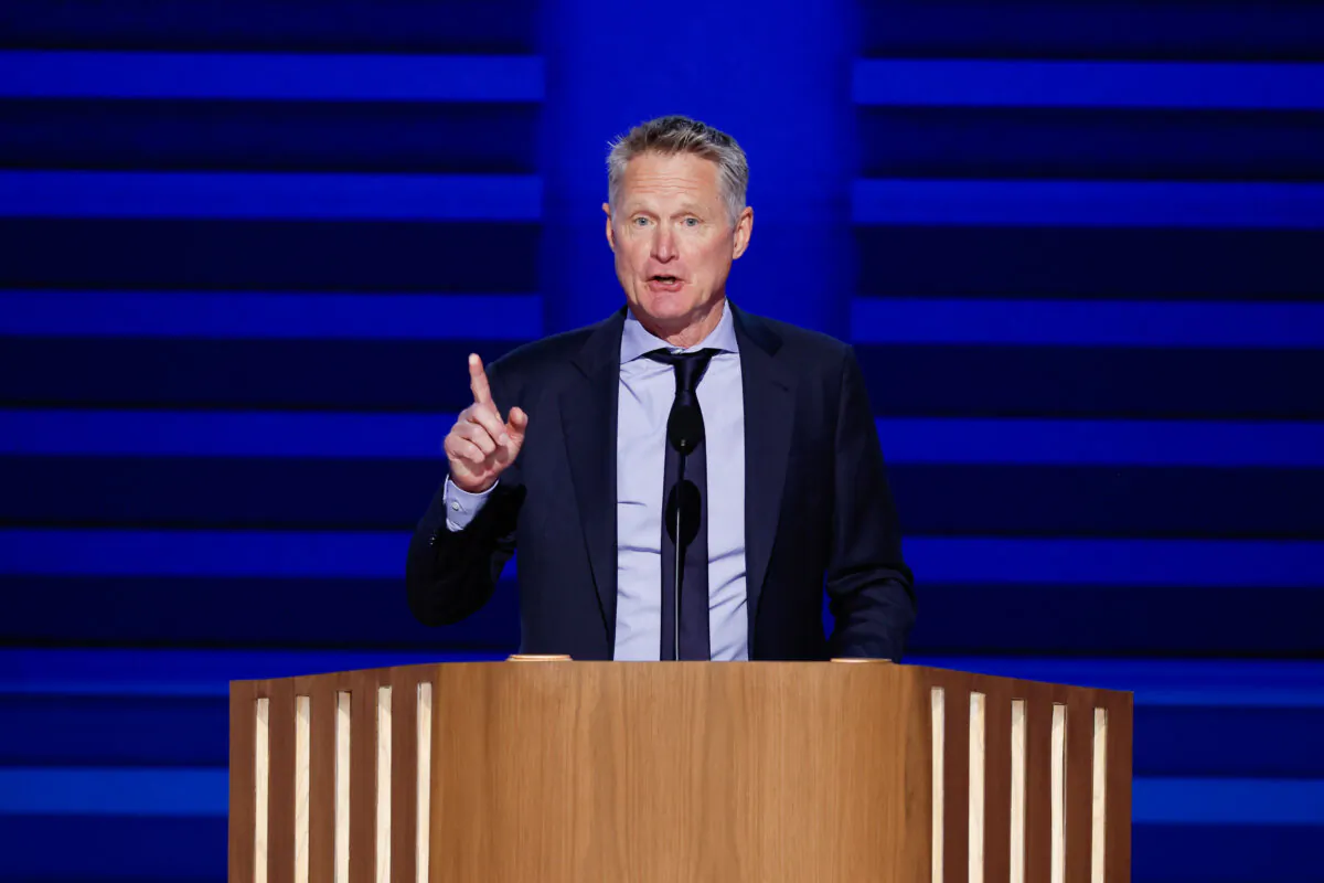 Steve Kerr, Team USA Men’s Basketball coach and Golden State Warriors coach, speaks onstage during the first day of the Democratic National Convention at the United Center in Chicago on Aug. 19, 2024. (Chip Somodevilla/Getty Images)