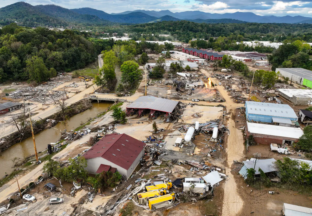 An aerial view of flood damage wrought by Hurricane Helene along the Swannanoa River, in Asheville, N.C., on Oct. 3, 2024. (Mario Tama/Getty Images)