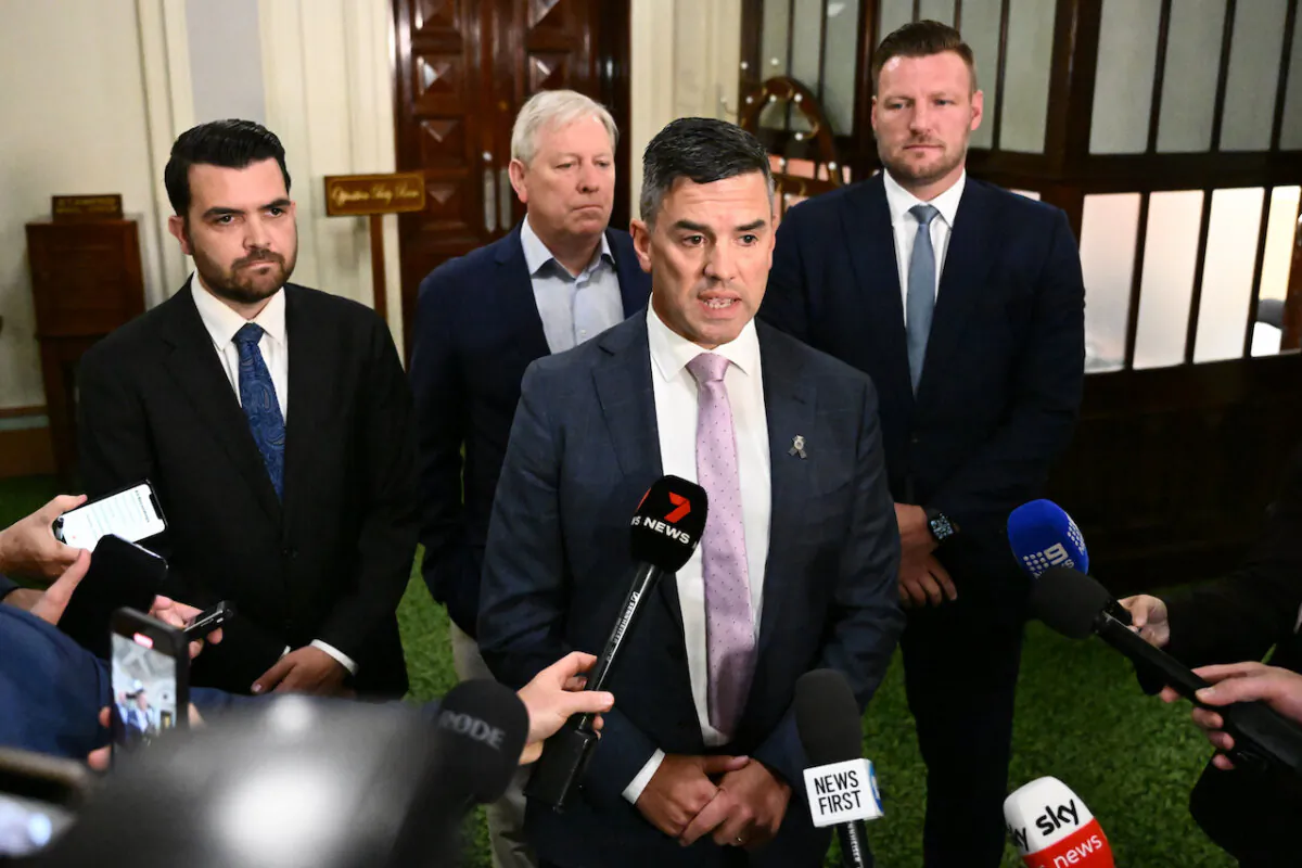 Victorian Opposition Leader Brad Battin (2nd right) speaks too media alongside (L-R) Victorian Deputy Leader of the Opposition in the Legislative Council Evan Mulholland, Victorian Shadow Treasurer David Davis and Victorian Shadow Minister for Tourism, Sport and Events Sam Groth following a Victorian Liberals Party Meeting at Parliament House in Melbourne on Dec. 27, 2024. (AAP Image/Joel Carrett)