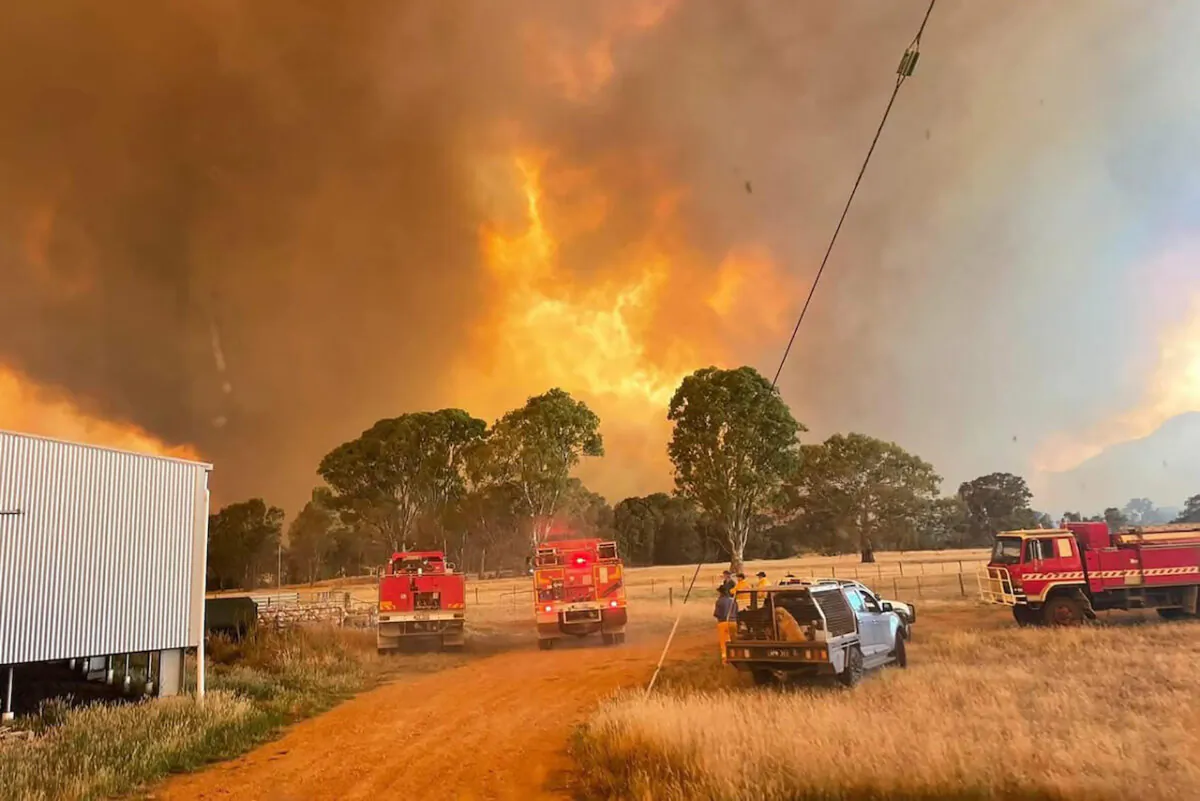 A supplied image shows CFA firetrucks near an out of control bushfire in the Grampians National park, Victoria on Dec. 23, 2024. (AAP Image/Supplied by CFA)
