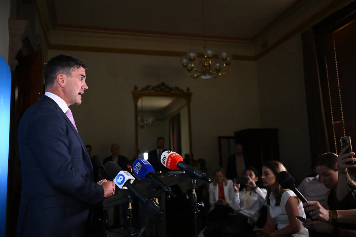 New Victorian Opposition Leader Brad Battin speaks to media following a Victorian Liberals Party Meeting at Parliament House in Melbourne on Dec. 27, 2024. (AAP Image/Joel Carrett)