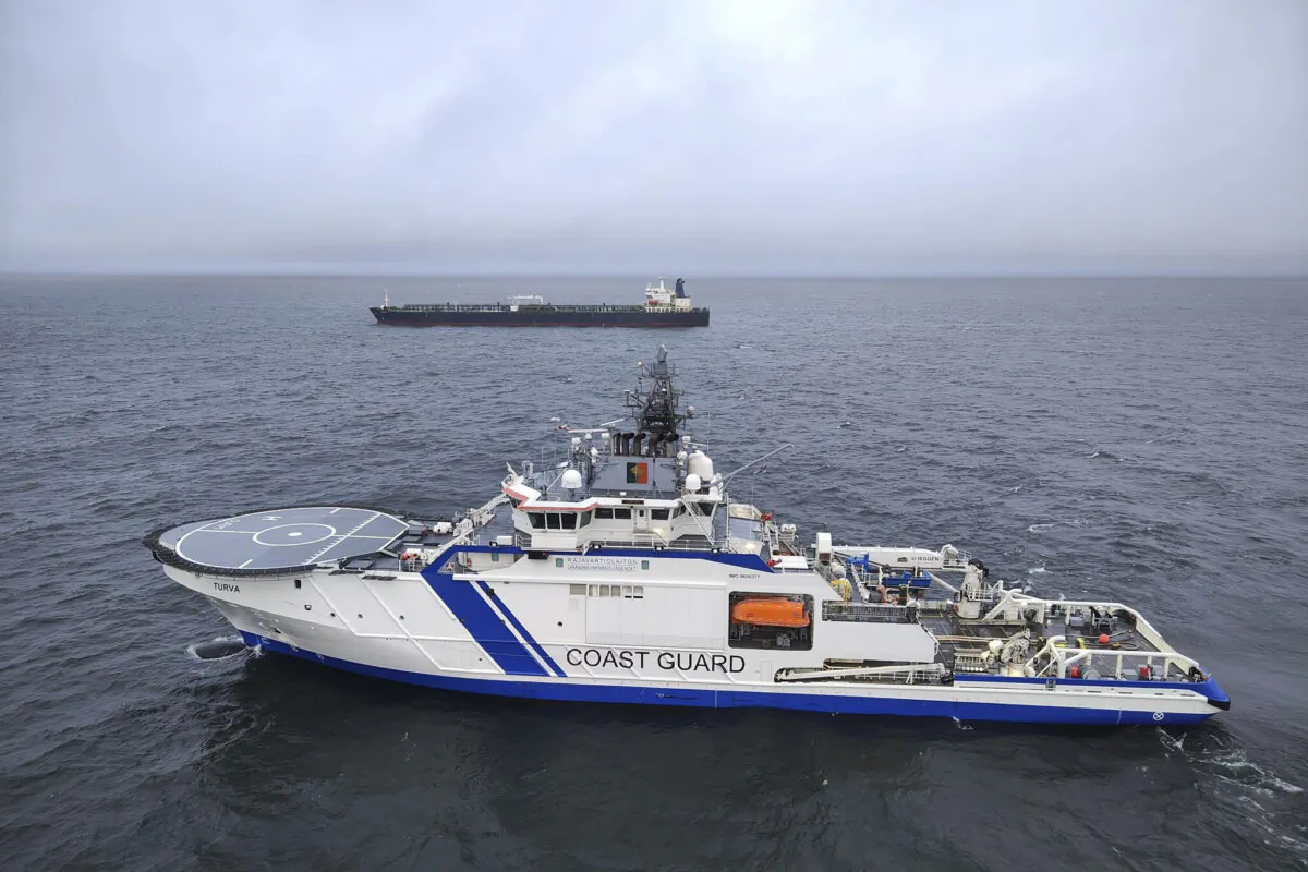 The oil tanker Eagle S is shadowed by the Finnish Border Guard ship Turva in the Baltic Sea off Porkkalanniemi, Finland. on Dec. 26, 2024. (Rajavartiosto-Finnish Border Guard-via AP)