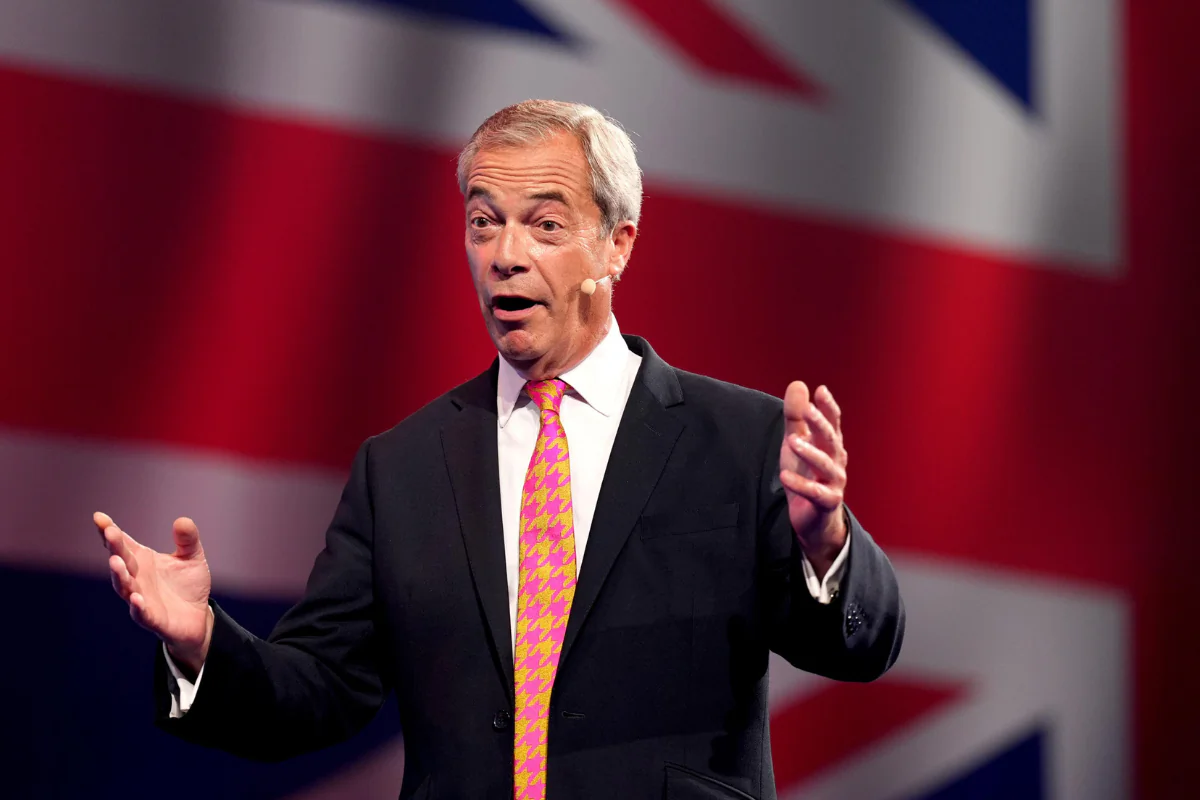Reform UK leader Nigel Farage speaks at the party's annual conference at the National Exhibition Centre in Birmingham, England, on Sept. 20, 2024. (Joe Giddens/PA Wire)
