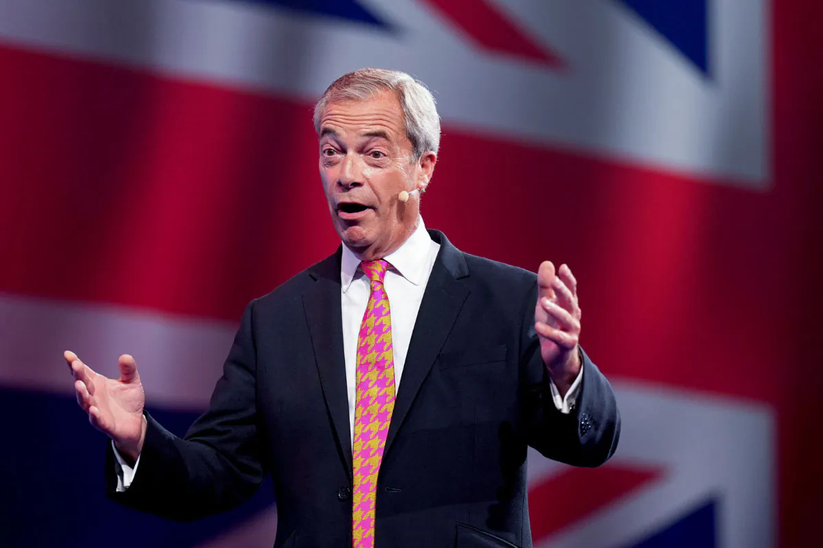 Reform UK leader Nigel Farage speaks at the party's annual conference at the National Exhibition Centre in Birmingham, England, on Sept. 20, 2024. (Joe Giddens/PA Wire)