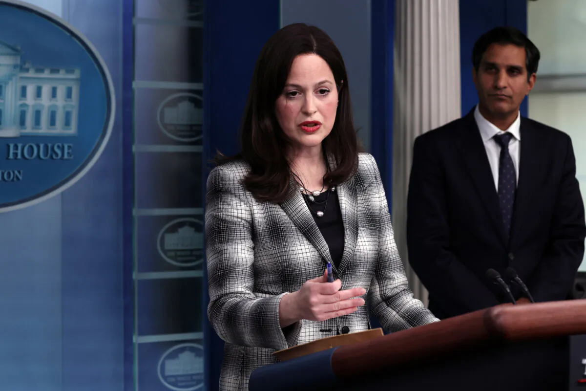 Deputy national security adviser for cyber and emerging tech Anne Neuberger (L) speaks as deputy national security adviser for international economics and Deputy Director of the National Economic Council Daleep Singh (R) listens during a White House daily briefing at the James S. Brady Press Briefing Room of the White House in Washington, on Feb. 18, 2022. (Alex Wong/Getty Images)