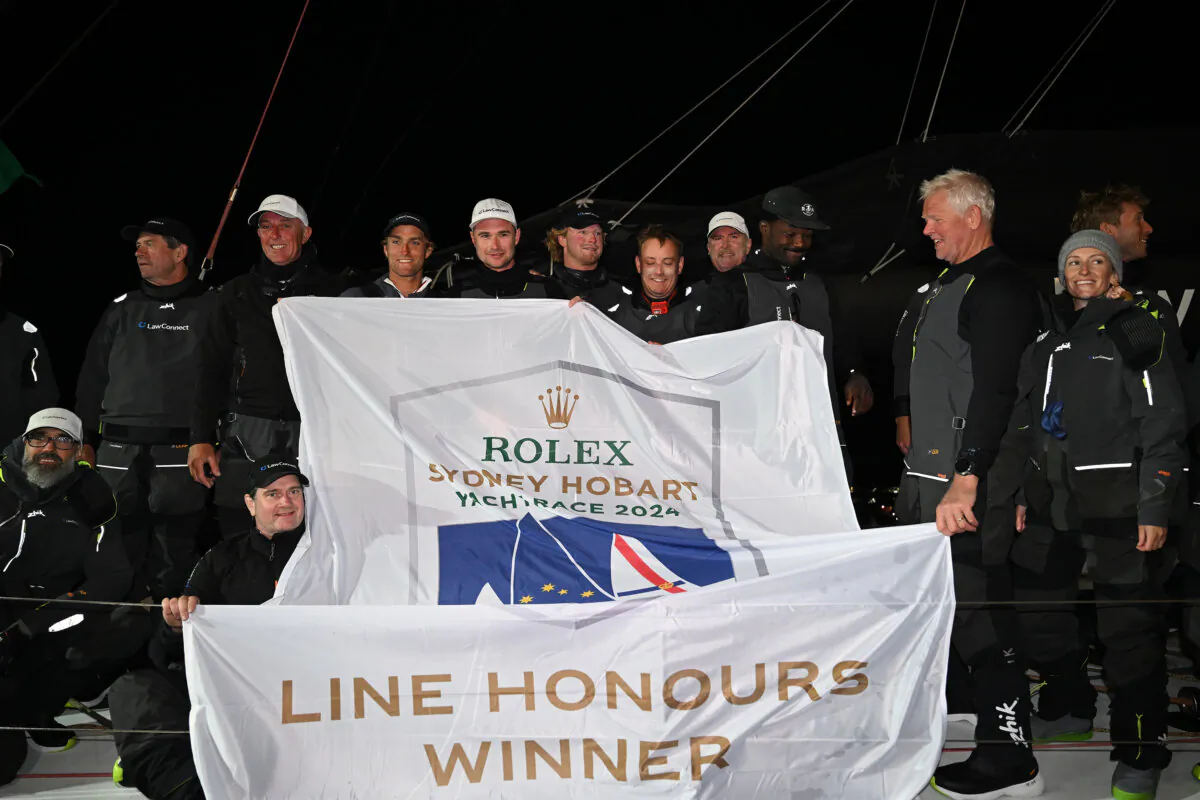 Crew of Law Connect pose for a photo after winning line honours in the 2024 Sydney to Hobart, in Hobart, Australia on Dec. 28, 2024. (Steve Bell/Getty Images)