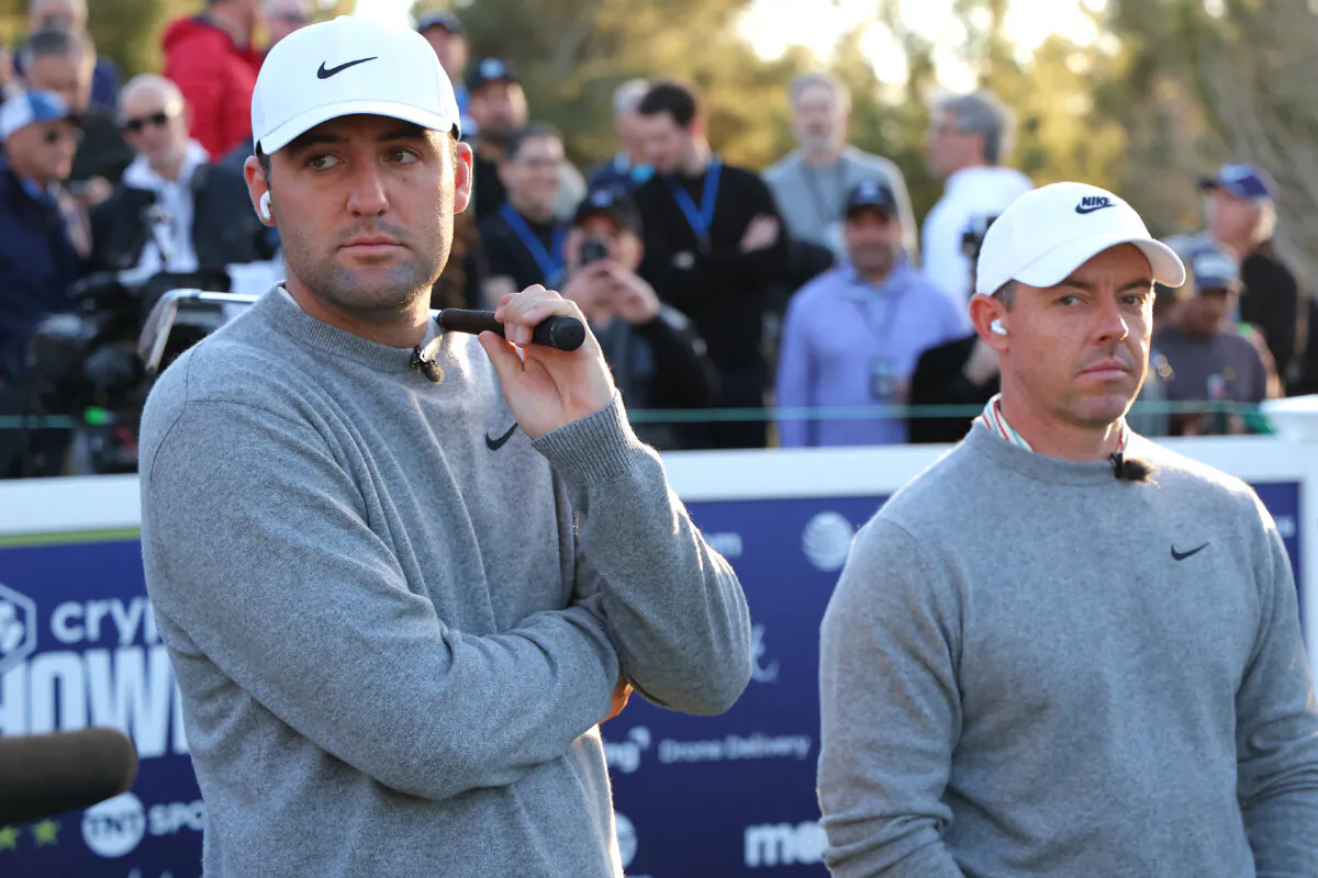 Scottie Scheffler (L) and Rory McIlroy of the PGA Tour look on during The Showdown: McIlroy and Scheffler v DeChambeau and Koepka at Shadow Creek Golf Course in Las Vegas, Nev., on Dec. 17, 2024. (Kevin C. Cox/Getty Images for The Showdown)