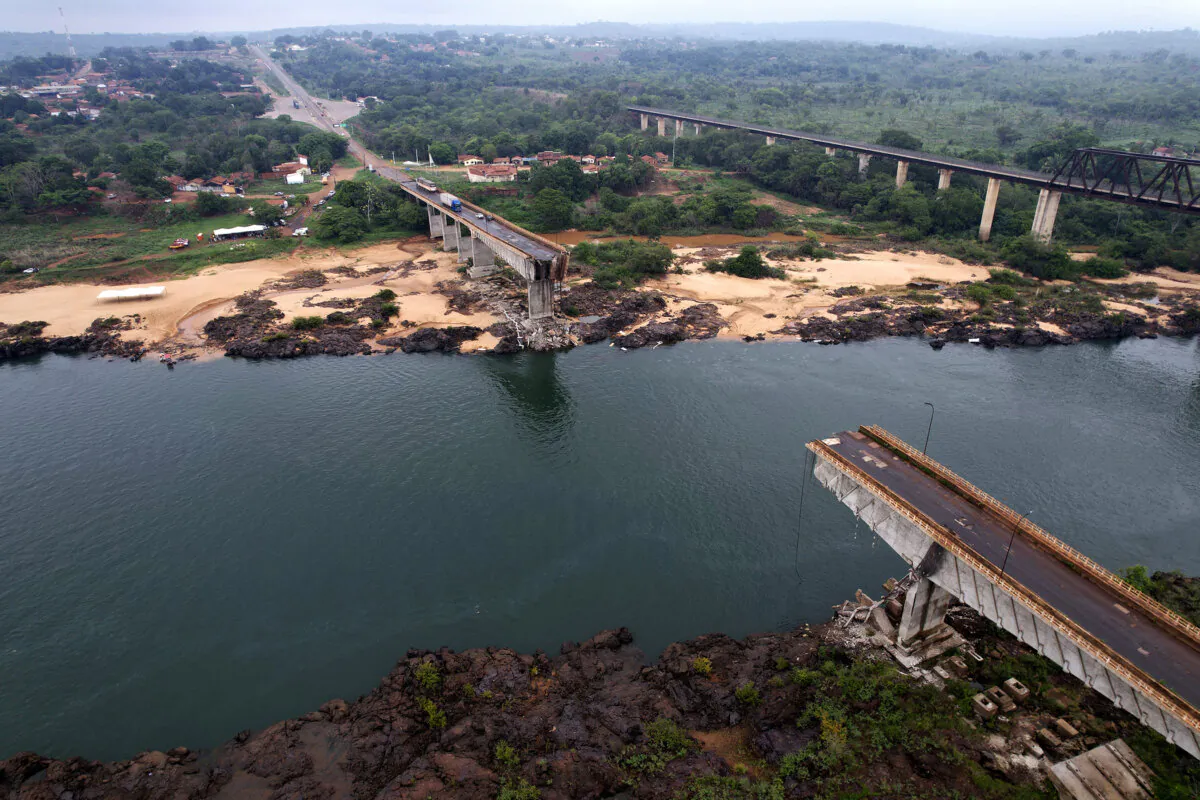 The Juscelino Kubitschek Bridge is collapsed into the Tocantins River in Estreito, Maranhao state, Brazil, onDec 24, 2024. (Marinho Drones/AP Photo)