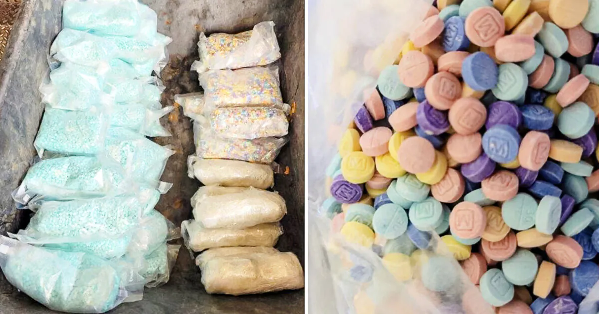 U.S. Customs and Border Protection seize 47,000 rainbow-colored fentanyl pills, 186,000 blue fentanyl pills, and 6.5 pounds of meth hidden in a vehicle in Nogales, Ariz., on Sept. 3, 2022. (U.S. Customs and Border Protection)