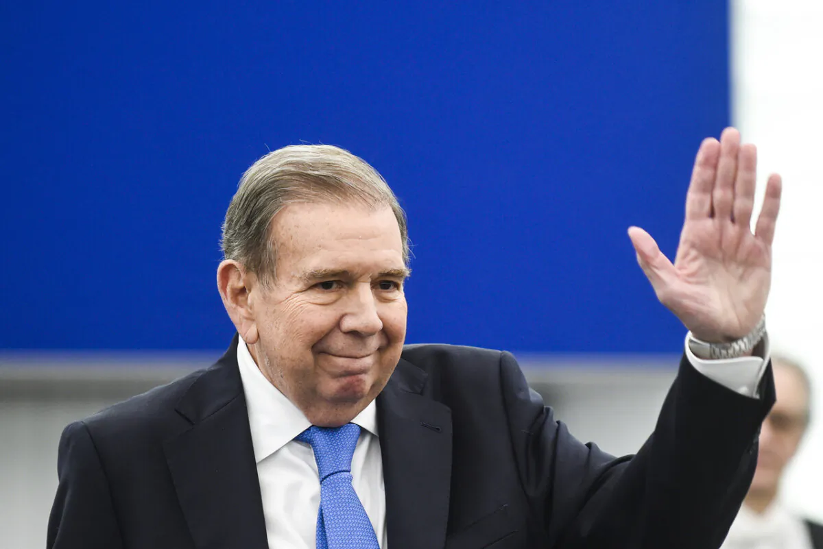 Venezuela's Edmundo González Urrutia waves as he was awarded the EU's top human rights honor, the Sakharov Prize, at the European Parliament in Strasbourg, eastern France, on Dec. 17, 2024. (Pascal Bastien/AP Photo)