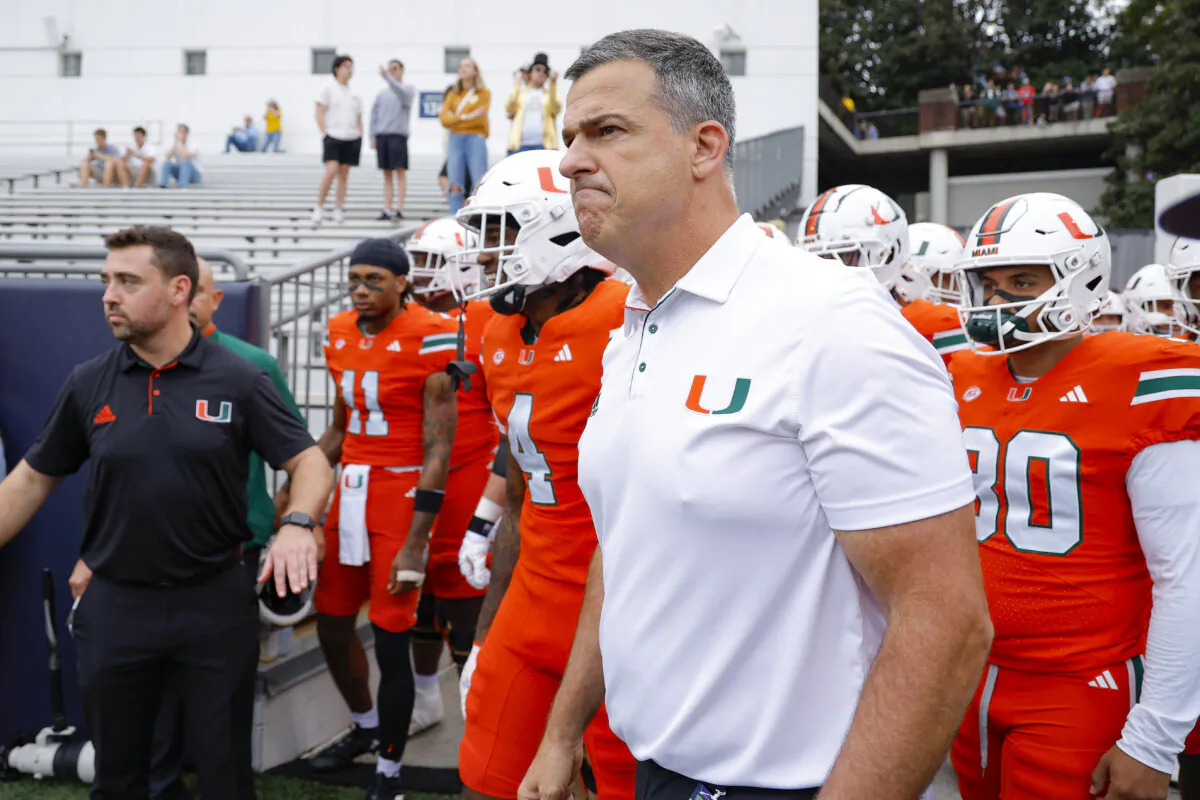 Miami Hurricanes head coach Mario Cristobal takes the field prior to the game against the Georgia Tech Yellow Jackets at Bobby Dodd Stadium in Atlanta on Nov. 9, 2024. (Todd Kirkland/Getty Images)