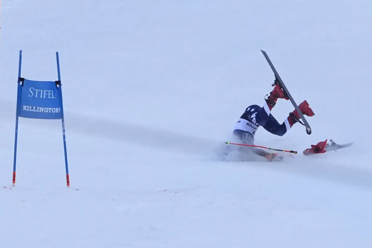 Mikaela Shiffrin, of the United States, crashes during the second run of a women's World Cup giant slalom skiing race, in Killington, Vt., on Nov. 30, 2024. (Robert F. Bukaty/AP Photo)
