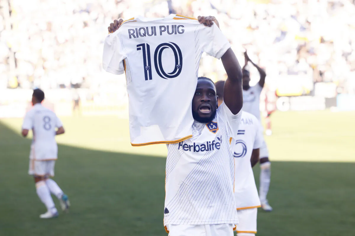 Los Angeles Galaxy forward Joseph Paintsil celebrates after scoring during the first half of the MLS Cup championship soccer match against the New York Red Bulls, Saturday, Dec. 7, 2024, in Carson, Calif. (Etienne Laurent/AP Photo)