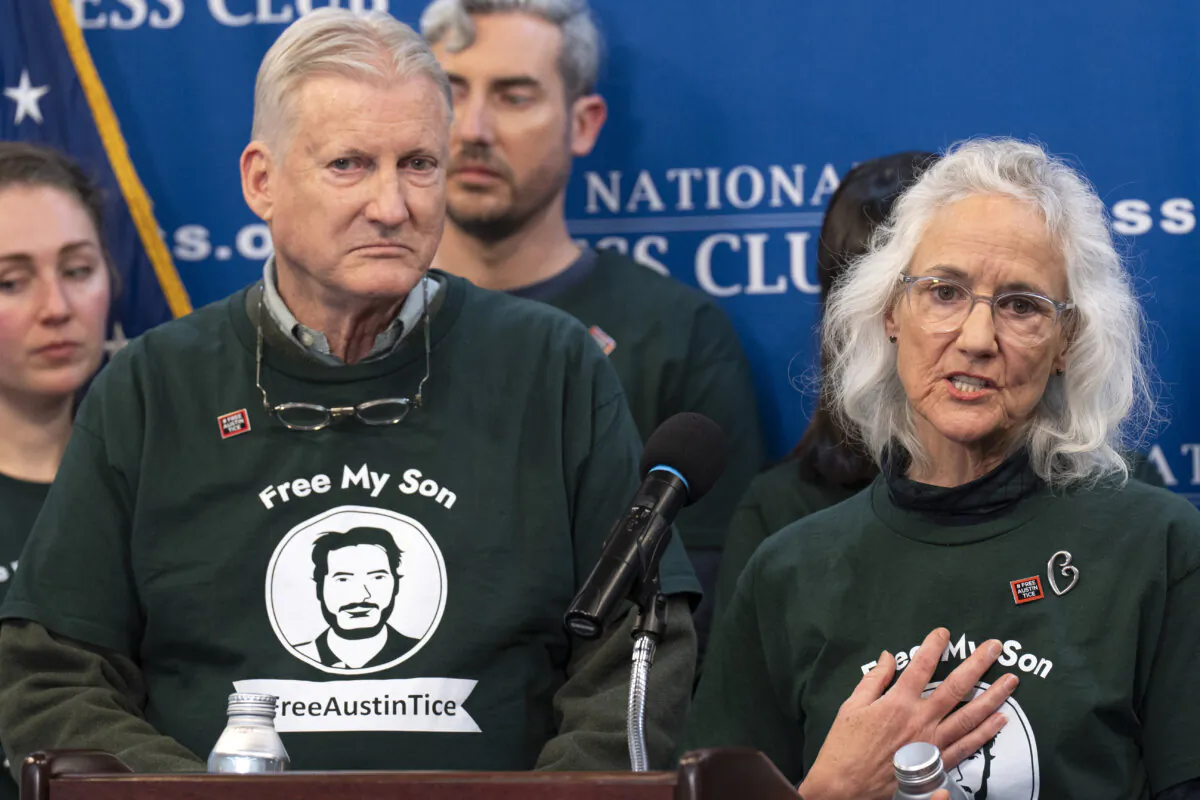 Marc Tice (L) and Debra Tice, the parents of Austin Tice, a journalist who was kidnapped in Syria, update the media about their son's condition as they continue to push for his release, during a news conference at the National Press Club in Washington on Dec. 6, 2024. (Jacquelyn Martin/AP Photo)