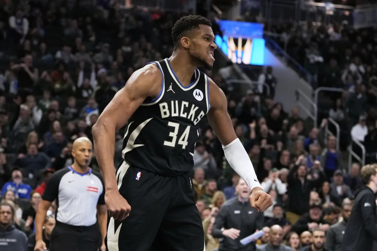 Milwaukee Bucks' Giannis Antetokounmpo reacts after a dunk during the second half of an Emirates NBA cup tournament quarterfinals basketball game against the Orlando Magic in Milwaukee, on Dec. 10, 2024. (Morry Gash/AP Photo)