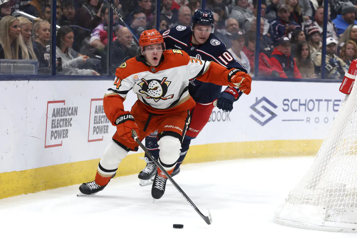 Anaheim Ducks defenseman Pavel Mintyukov (34) controls the puck as Columbus Blue Jackets left wing Dmitri Voronkov (10) defends during the second period of an NHL hockey game Saturday, Dec. 14, 2024, in Columbus, Ohio. (Joe Maiorana/AP Photo)
