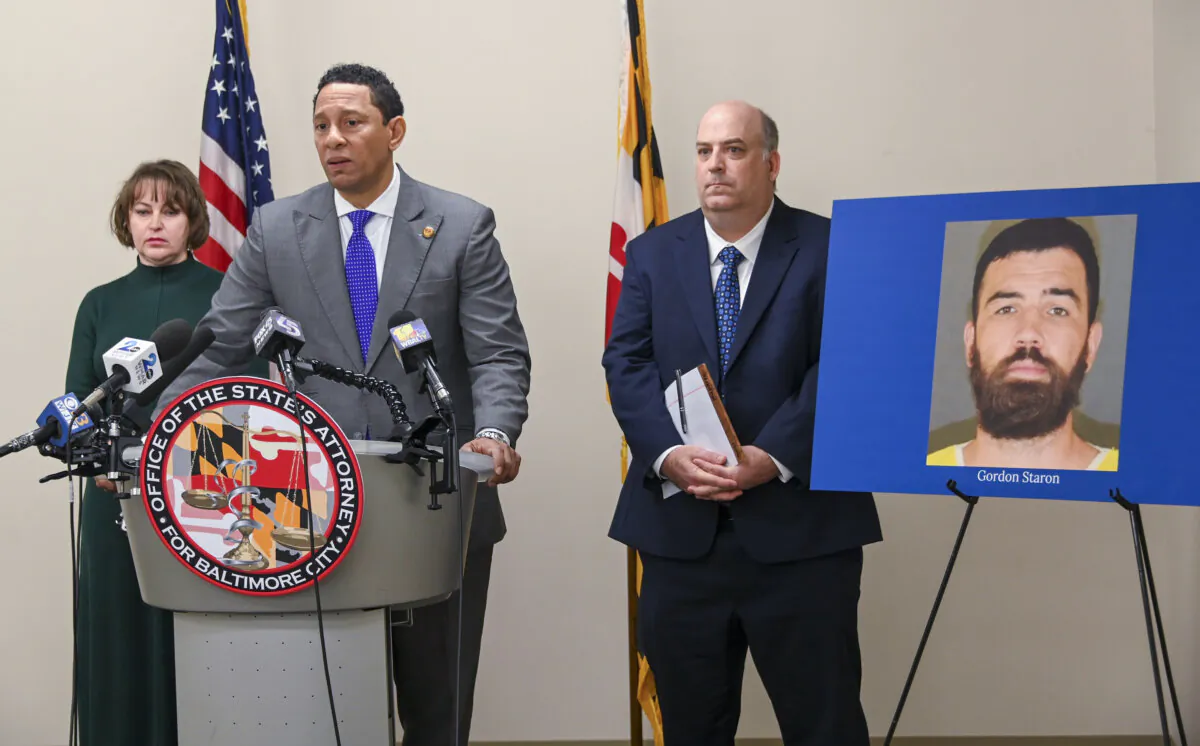 Baltimore State's Attorney Ivan J. Bates, center, speaks at a press conference about  defendant Gordon Staron, pictured right, who was jailed on murder charges when he allegedly strangled his deaf cellmate to death, Jan. 20, 2023, in Baltimore. (Kevin Richardson/The Baltimore Sun via AP)