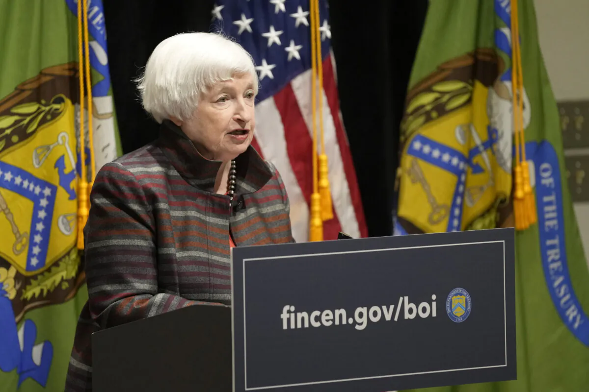 Treasury Secretary Janet Yellen speaks during a visit to the Financial Crimes Enforcement Network in Vienna, Va., on Jan. 8, 2024. (Susan Walsh/AP Photo)