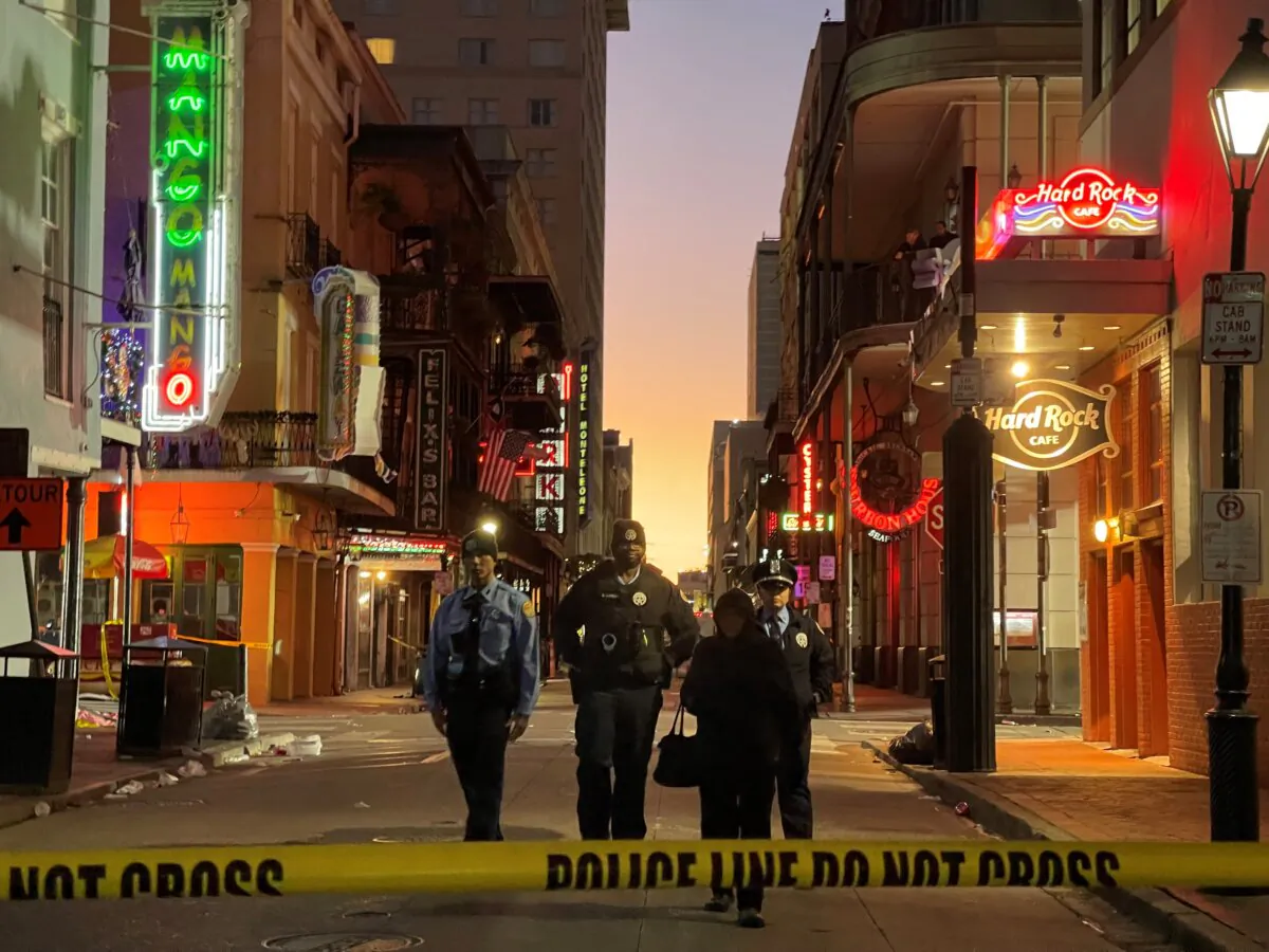 Police near the site of the overnight attack in the French Quarter of New Orleans, La., on Jan. 1, 2025. (Matthew Hinton/AFP via Getty Images)