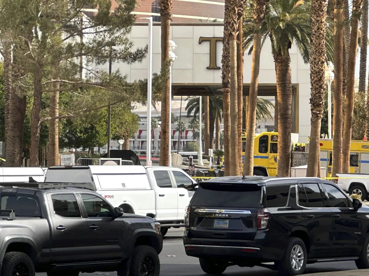 Police block the area after a vehicle exploded outside the lobby of President-elect Donald Trump's hotel in Las Vegas on Jan. 1, 2025. (Ty O'Neil/AP Photo)