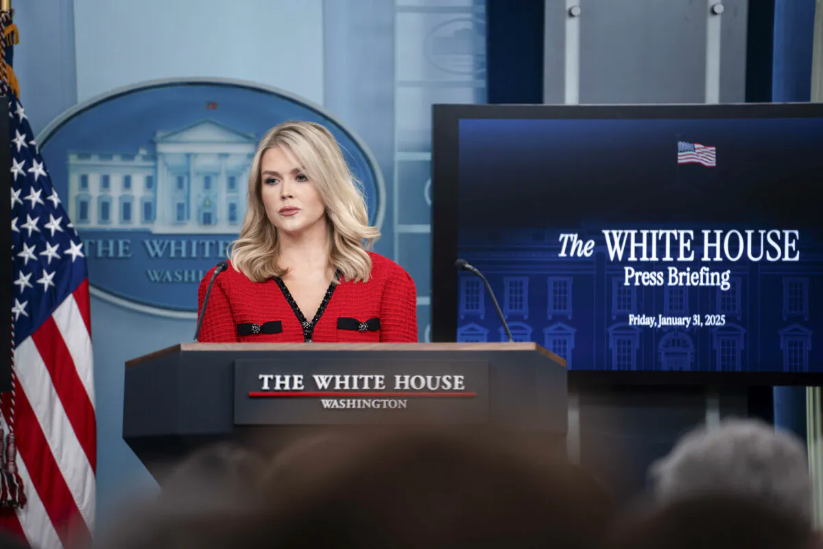 White House press secretary Karoline Leavitt speaks during a press conference at the James S. Brady Press Briefing Room of the White House in Washington on Jan. 31, 2025. (Madalina Vasiliu/The Epoch Times)