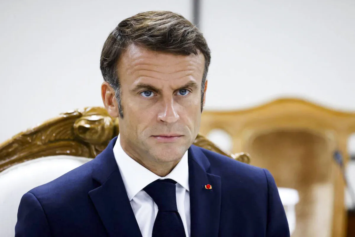 French President Emmanuel Macron at the Bangladesh prime minister's office in Dhaka, Bangladesh, on Sept. 11, 2023. (Ludovic Marin/AFP via Getty Images)